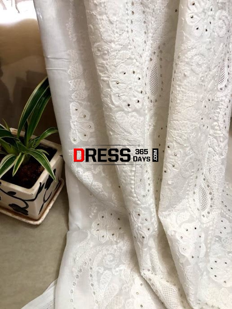 White Chikankari Kurti Fabric With Applique And Mukaish Work