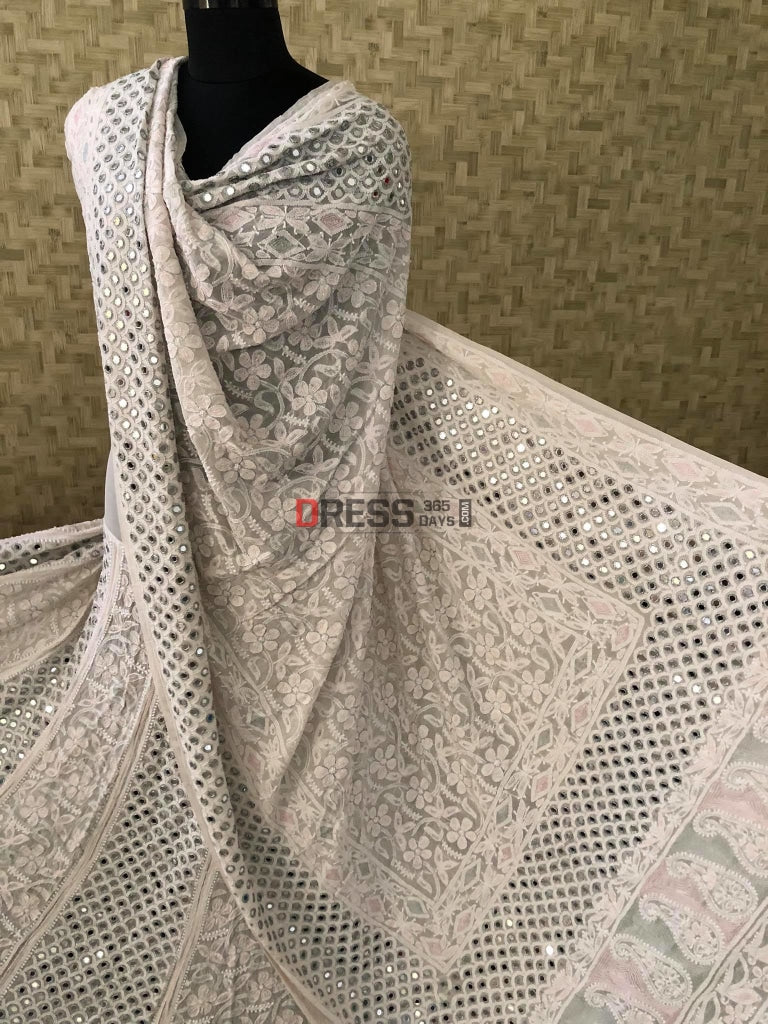 White Chikankari Mirror & Pearl Lehenga Set