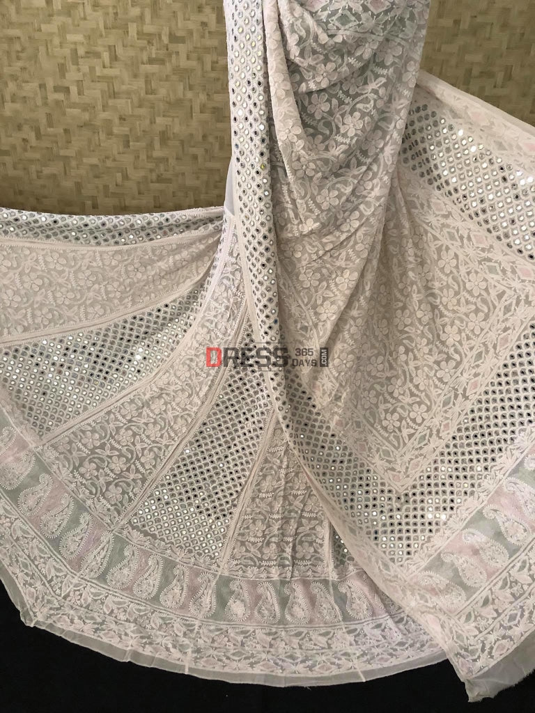 White Chikankari Mirror & Pearl Lehenga Set