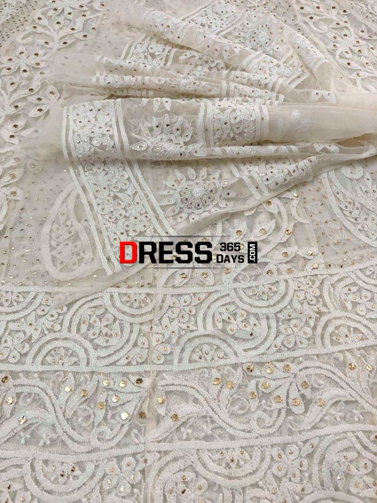White Chikankari Net Anarkali With Mukaish (Anarkali And Dupatta)