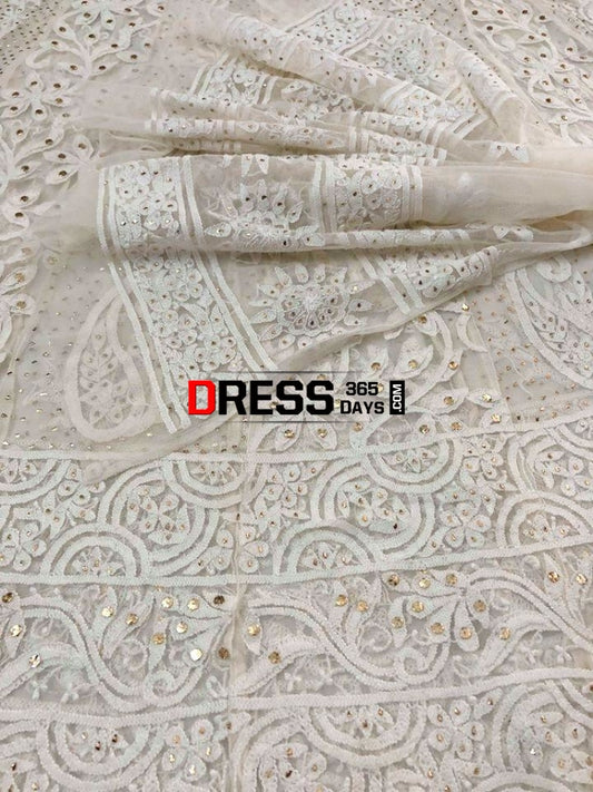 White Chikankari Net Anarkali With Mukaish (Anarkali And Dupatta)