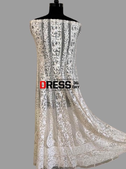 White Chikankari Net Anarkali with Mukaish (Anarkali and Dupatta)