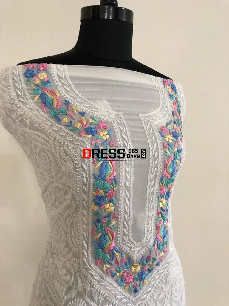 White Chikankari Parsi Hand Embroidered Neckline Suit Suits