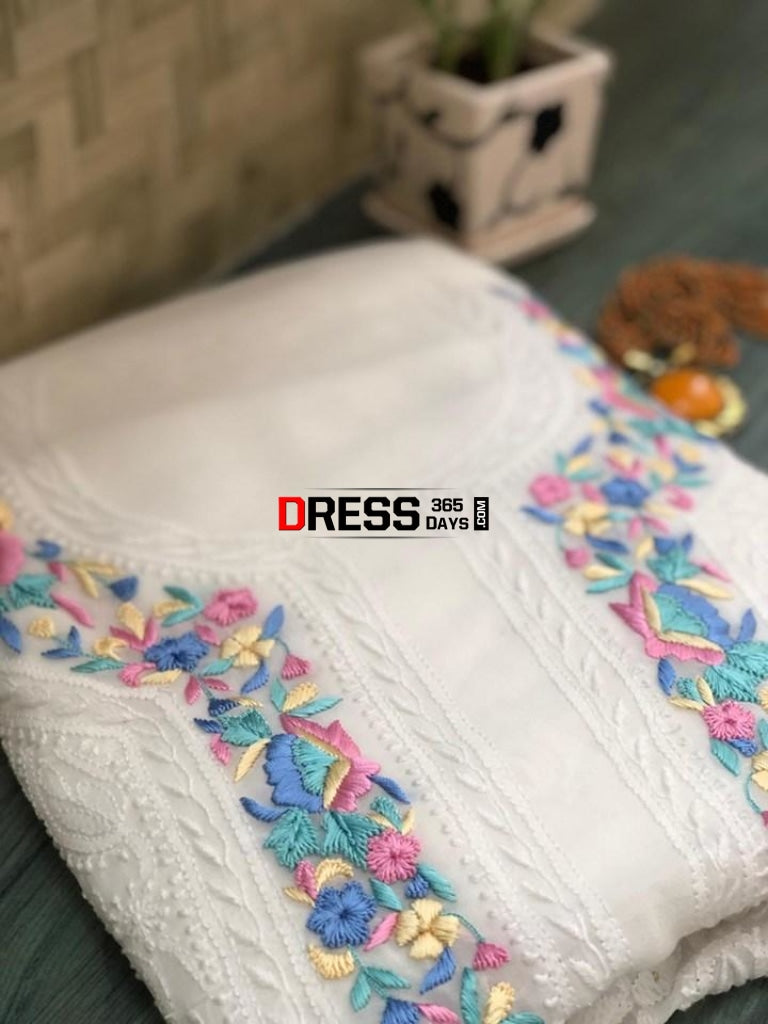 White Chikankari Parsi Hand Embroidered Neckline Suit Suits