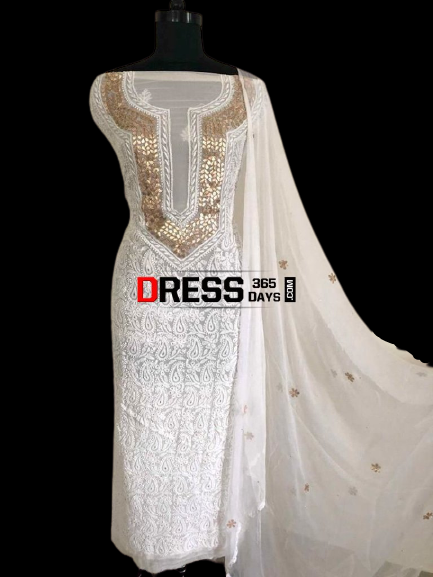 White Chikankari Suit with Gotta Patti Neckline