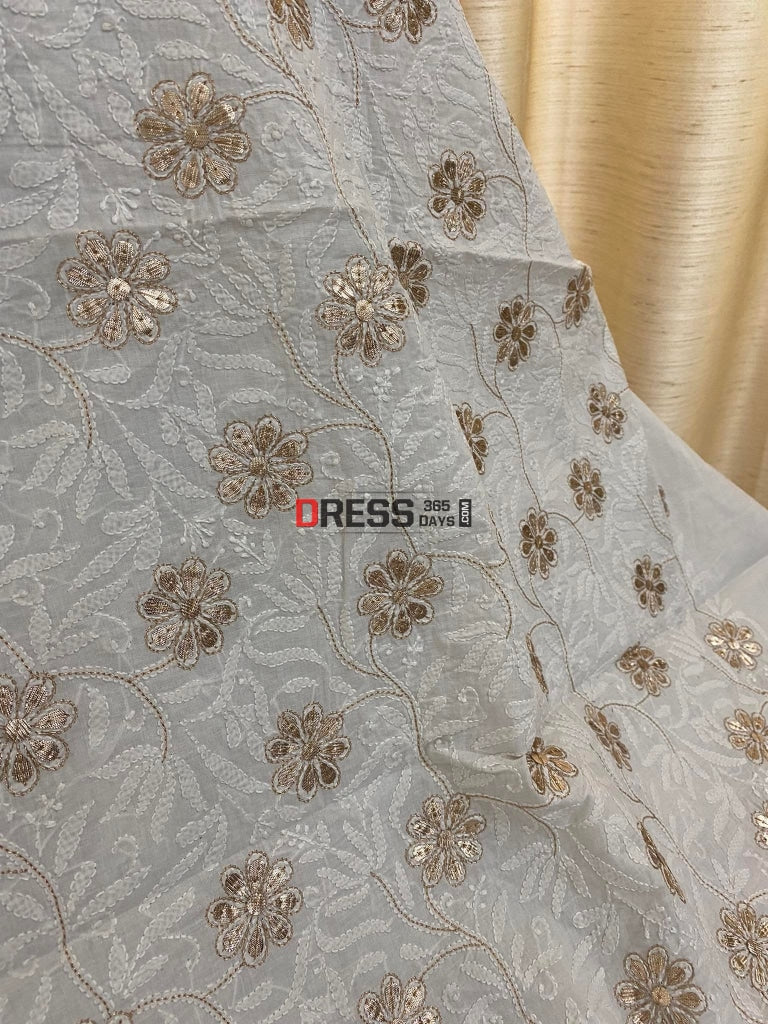 White Cotton Chikankari & Gota Patti Kurti Fabric