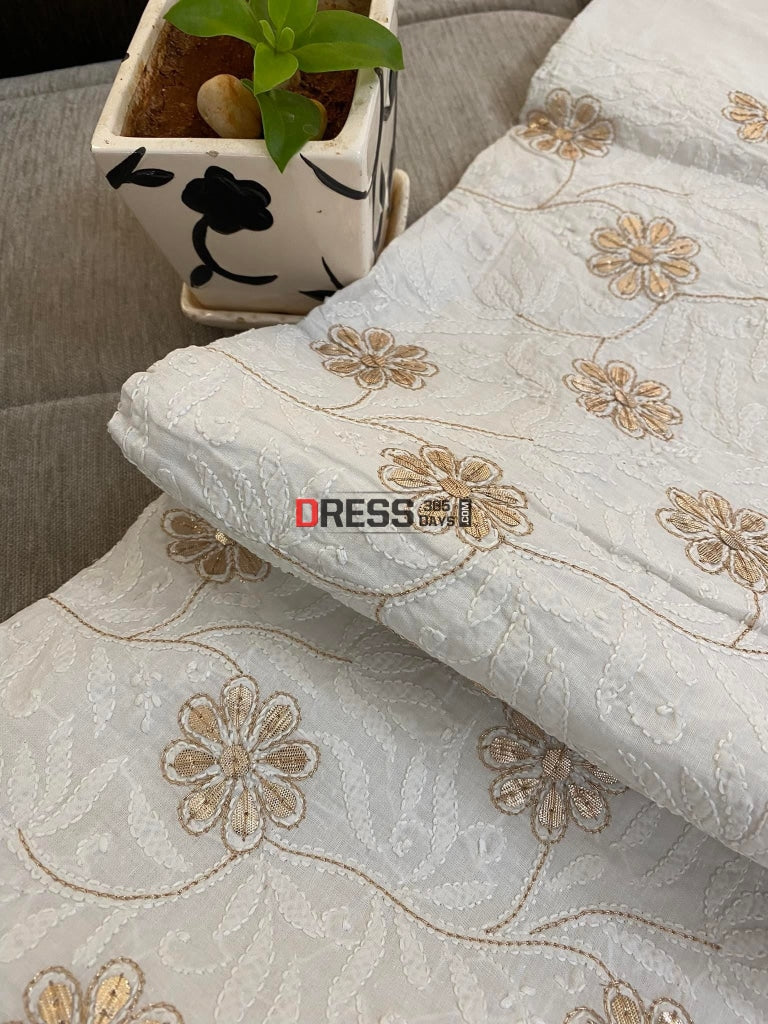 White Cotton Chikankari & Gota Patti Kurti Fabric
