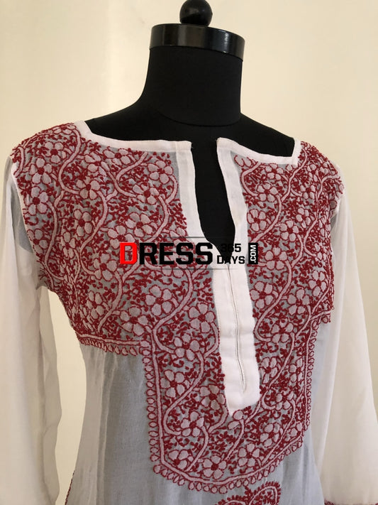 White Georgette Chikan Top Chikankari Tops