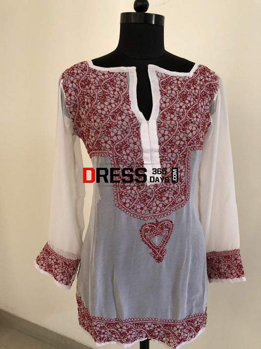 White Georgette Chikan Top Chikankari Tops