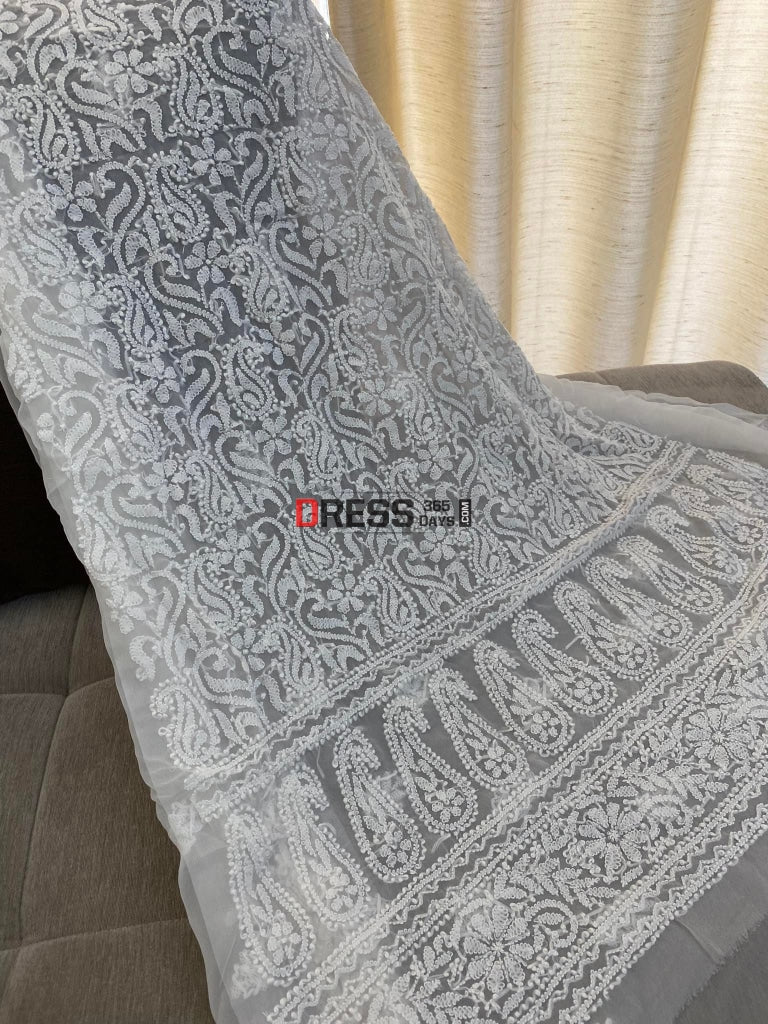 White Georgette Kurti Fabric Chikankari