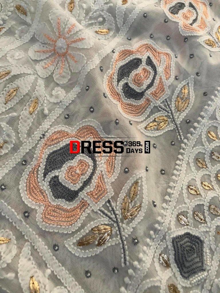 White Gota And Pearls Chikankari Dupatta