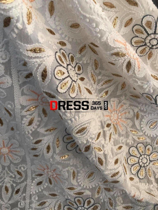 White Gota And Pearls Chikankari Dupatta