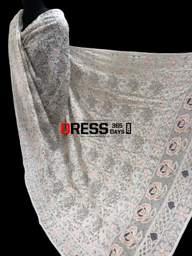 White Gota And Pearls Chikankari Dupatta