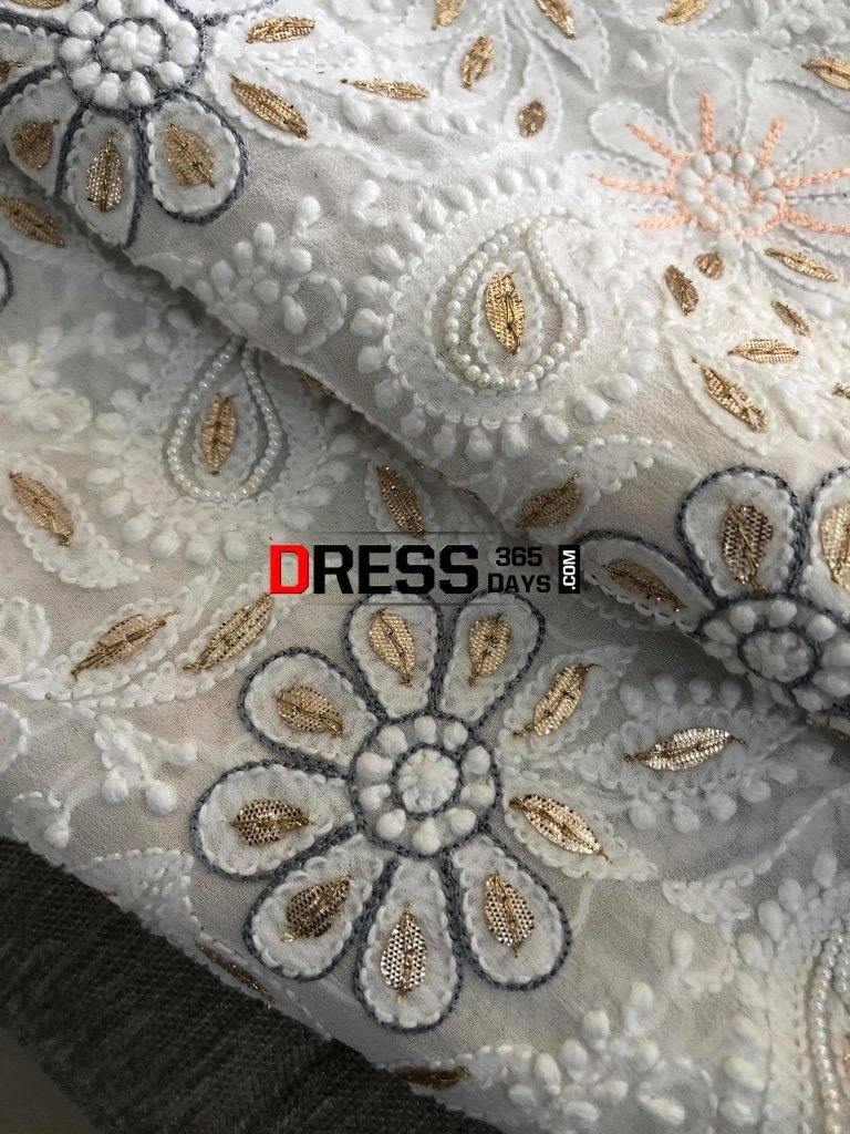 White Gota And Pearls Chikankari Dupatta