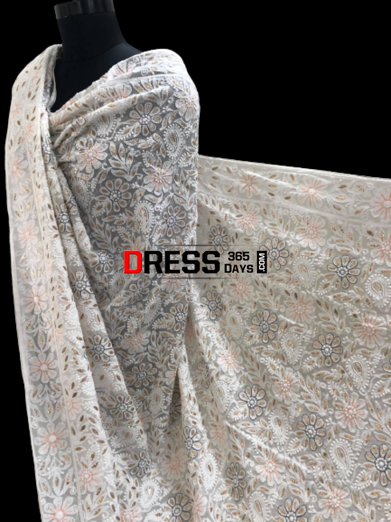 White Gota And Pearls Chikankari Dupatta
