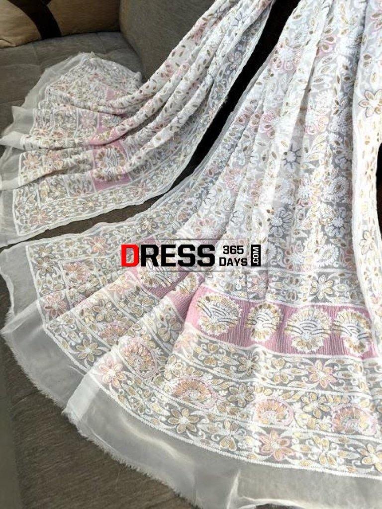 White Gota Patti And Pearls Work Dupatta Chikankari