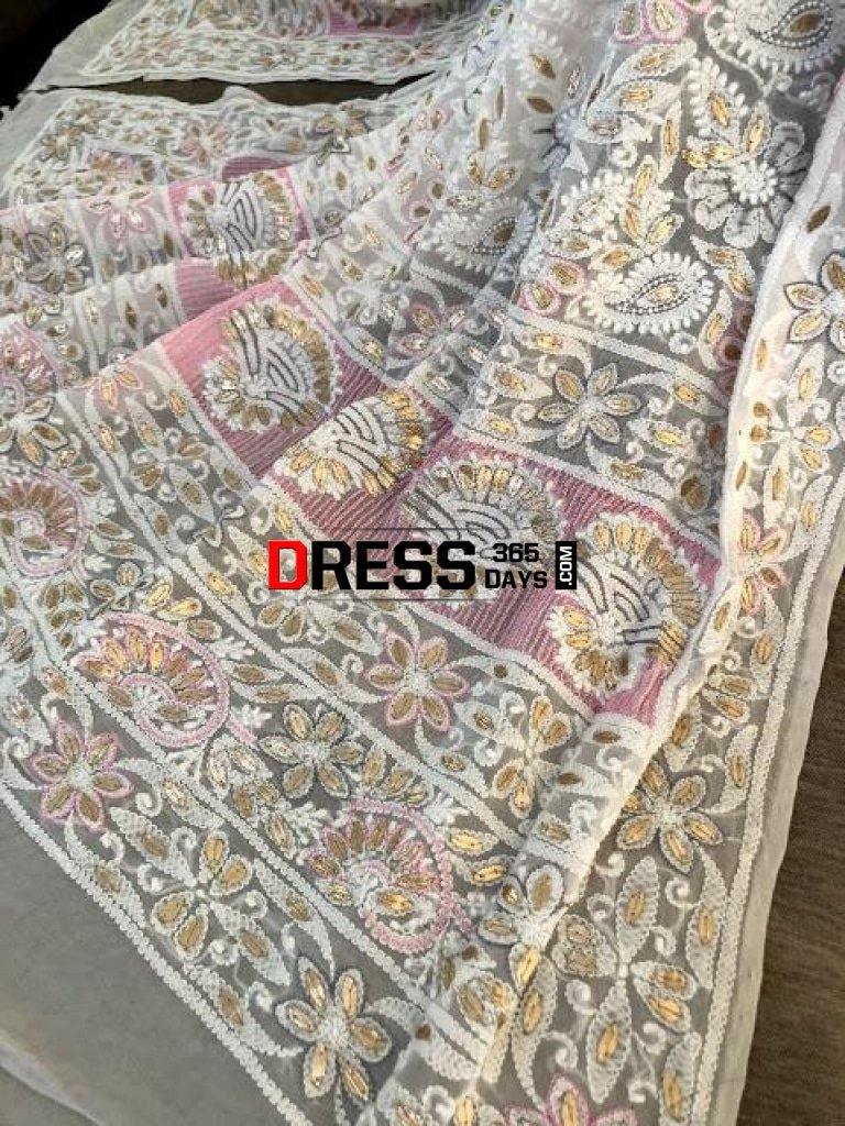 White Gota Patti And Pearls Work Dupatta Chikankari
