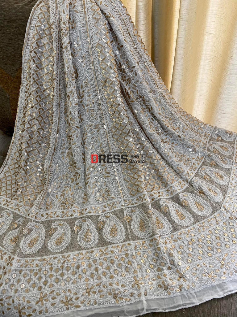 White Gota Patti Lucknowi Chikankari Lehenga Skirt (Only Skirt)