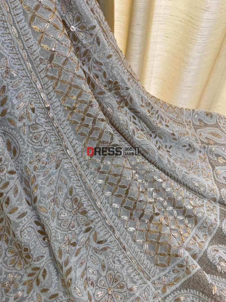 White Gota Patti Lucknowi Chikankari Lehenga Skirt (Only Skirt)