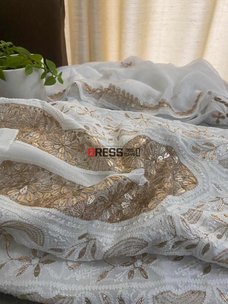 White Gota Patti Neckline Chikankari Kurta Dupatta Suits