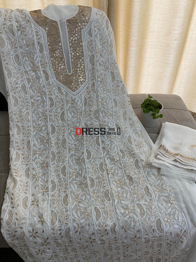 White Gota Patti Neckline Chikankari Kurta Dupatta Suits