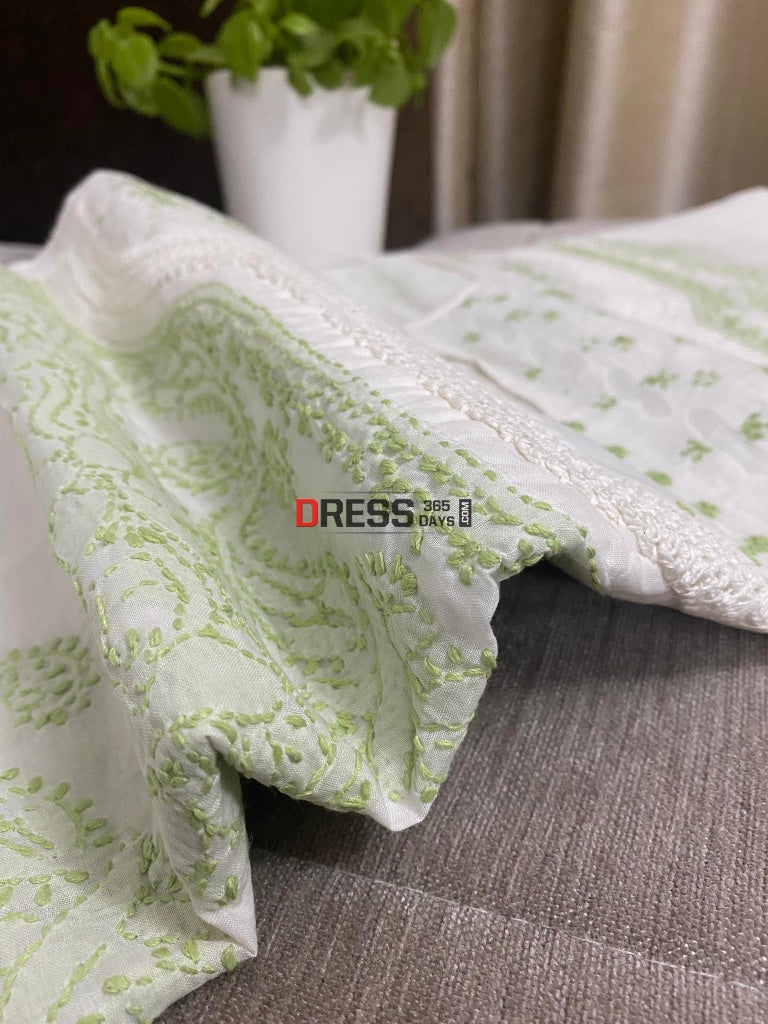 White & Green Cotton Chikankari Kurti Fabric