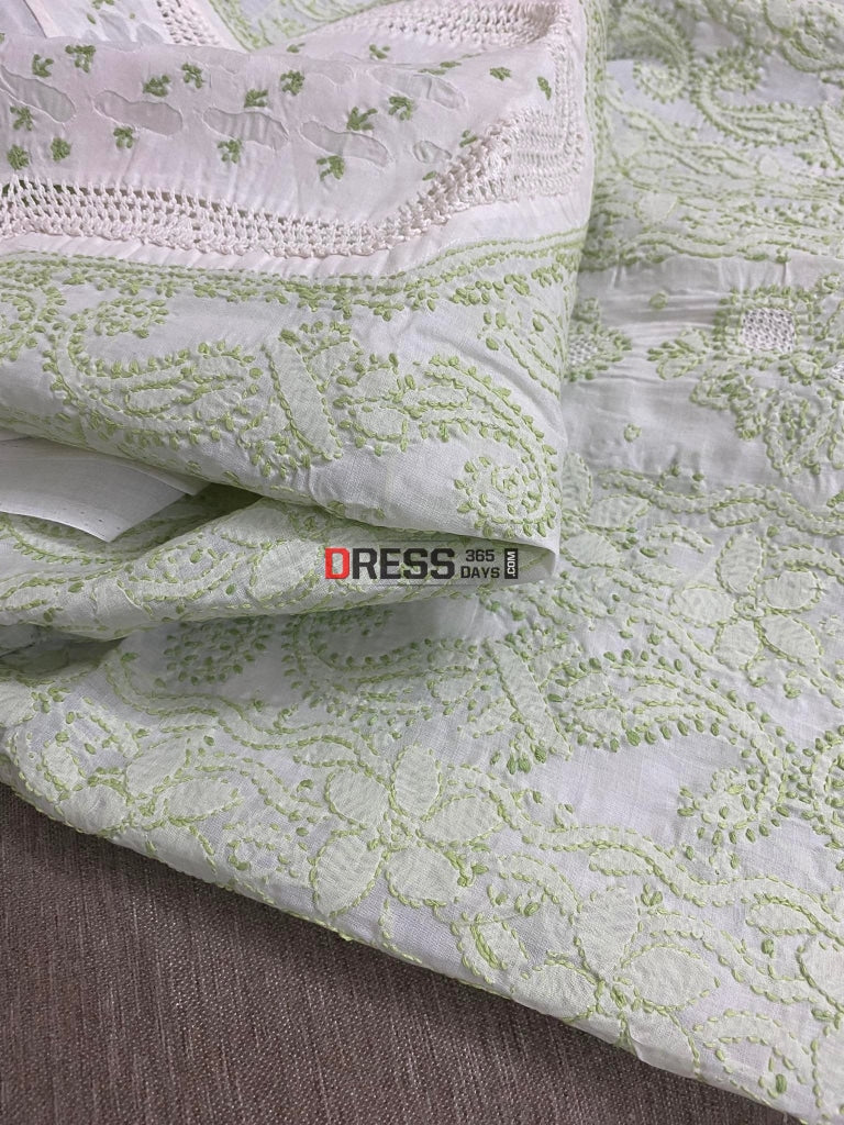 White & Green Cotton Chikankari Kurti Fabric