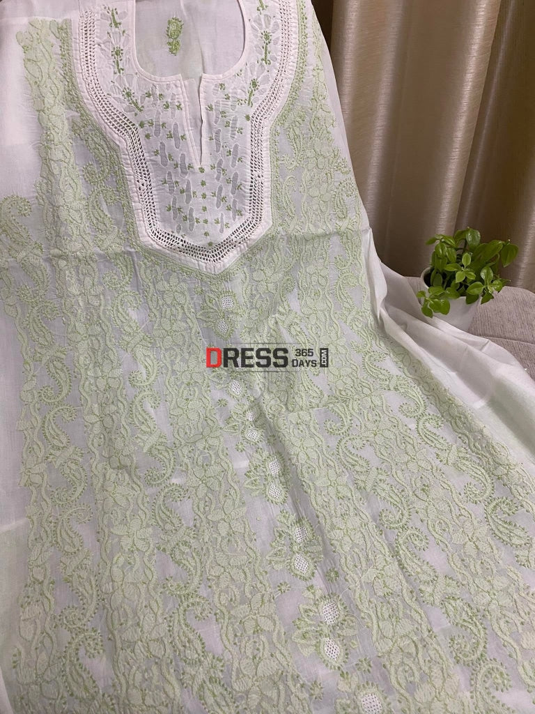 White & Green Cotton Chikankari Kurti Fabric