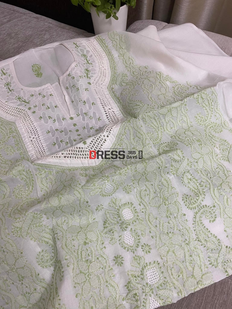 White & Green Cotton Chikankari Kurti Fabric