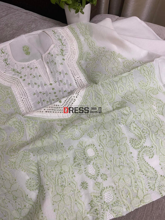 White & Green Cotton Chikankari Kurti Fabric