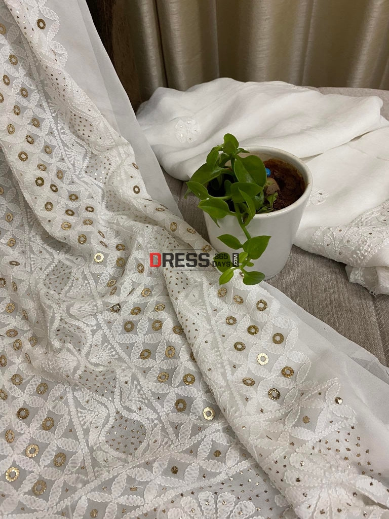 White Lucknowi Chikankari Ring Mukaish Suit Suits