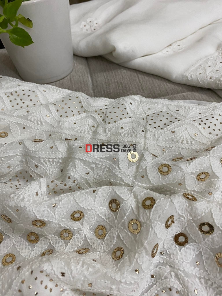 White Lucknowi Chikankari Ring Mukaish Suit Suits