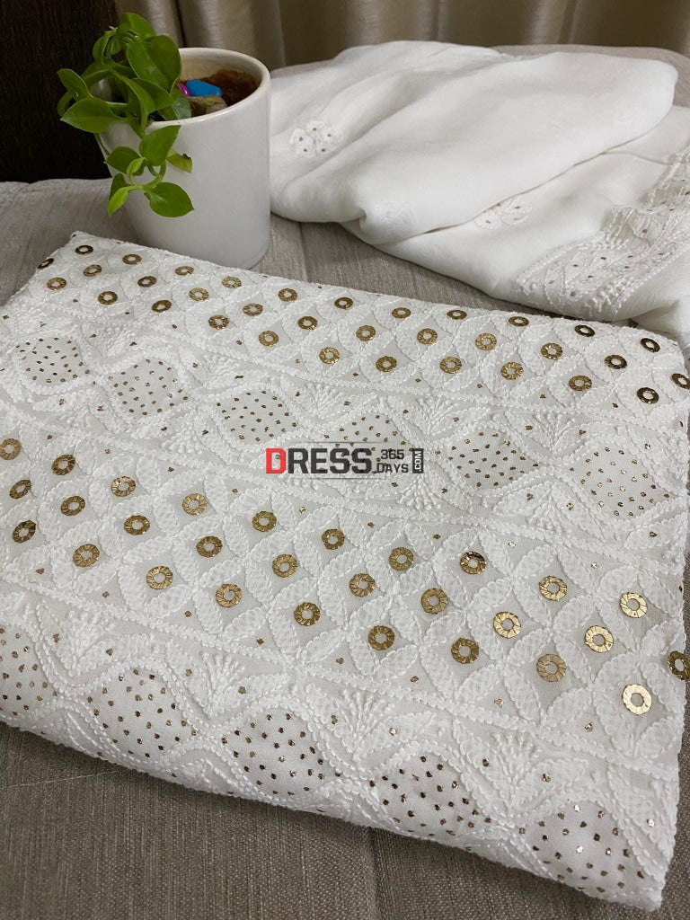 White Lucknowi Chikankari Ring Mukaish Suit Suits