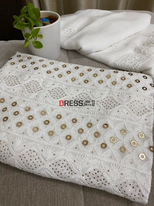 White Lucknowi Chikankari Ring Mukaish Suit Suits