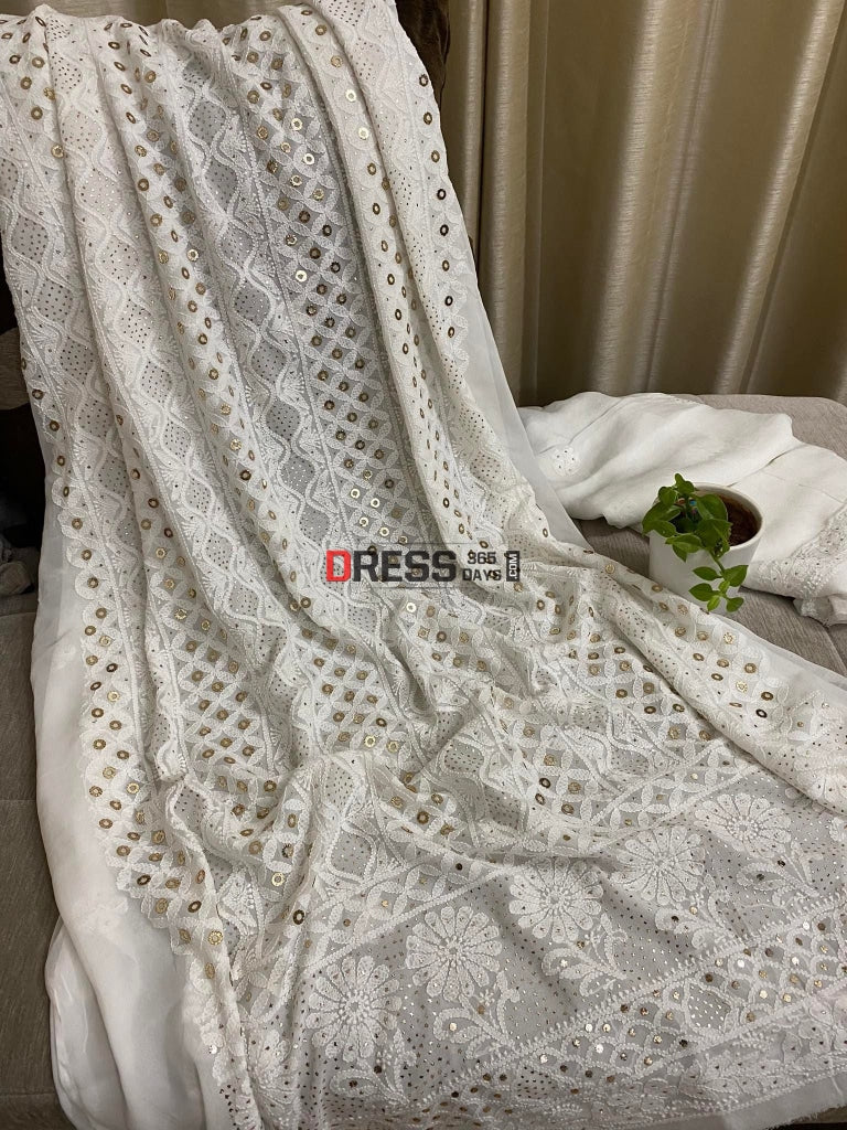 White Lucknowi Chikankari Ring Mukaish Suit Suits