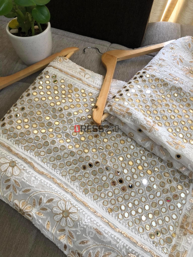 White Mirror And Gota Patti Chikankari Lehenga Set