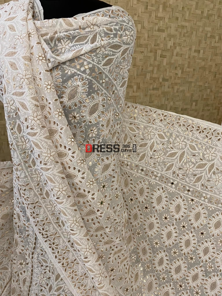 White Mirror Pearls & Gota Patti Chikankari Lehenga Set