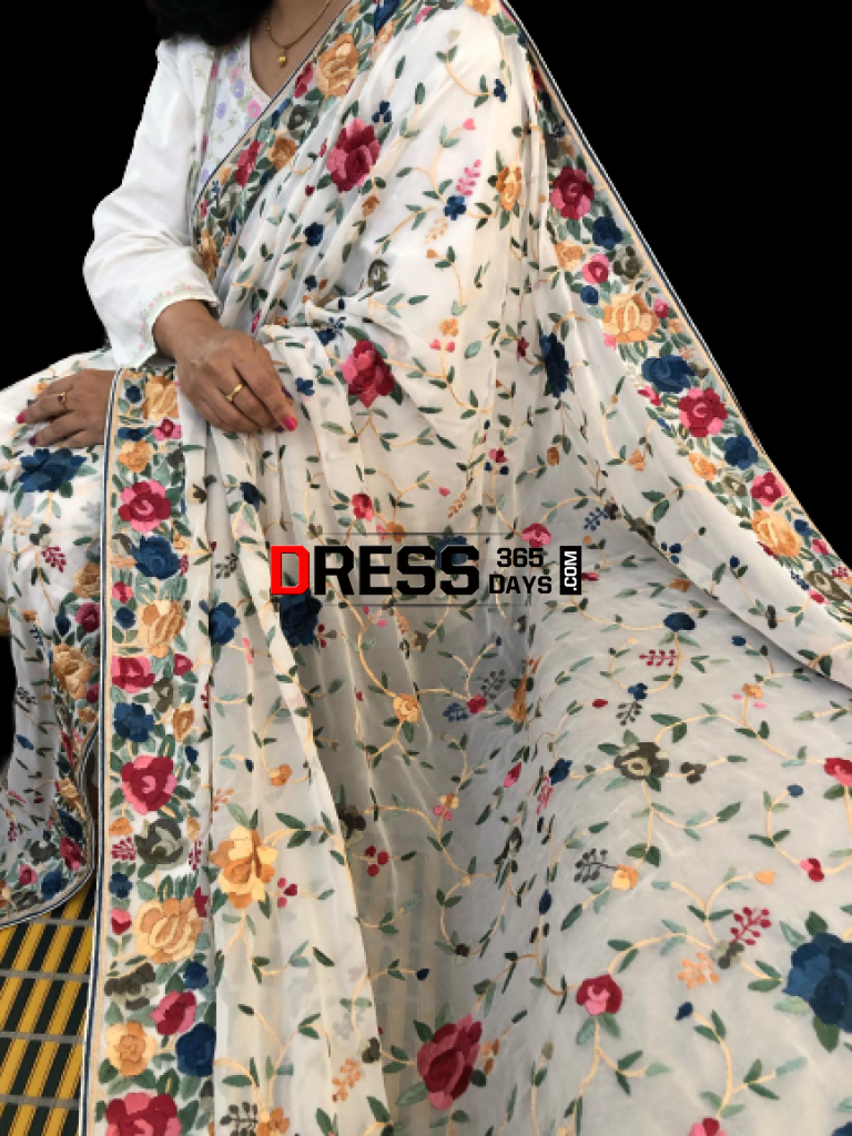 White Multicolour Parsi Gara Hand Embroidered Dupatta