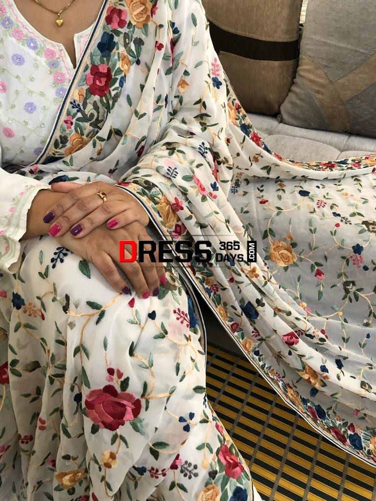 White Multicolour Parsi Gara Hand Embroidered Dupatta