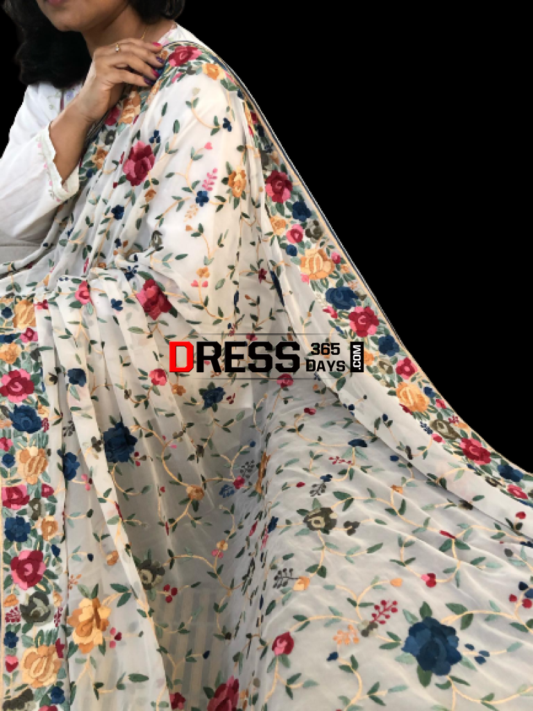 White Multicolour Parsi Gara Hand Embroidered Dupatta