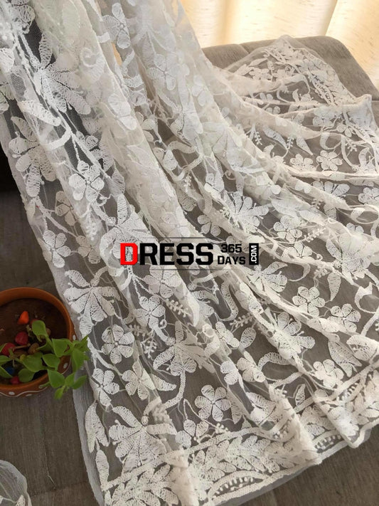 White Net Chikankari Dupatta