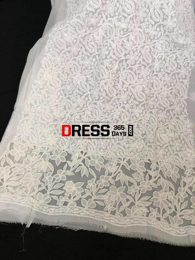 White Net Daaman Cotton Chikankari Kurti Fabric