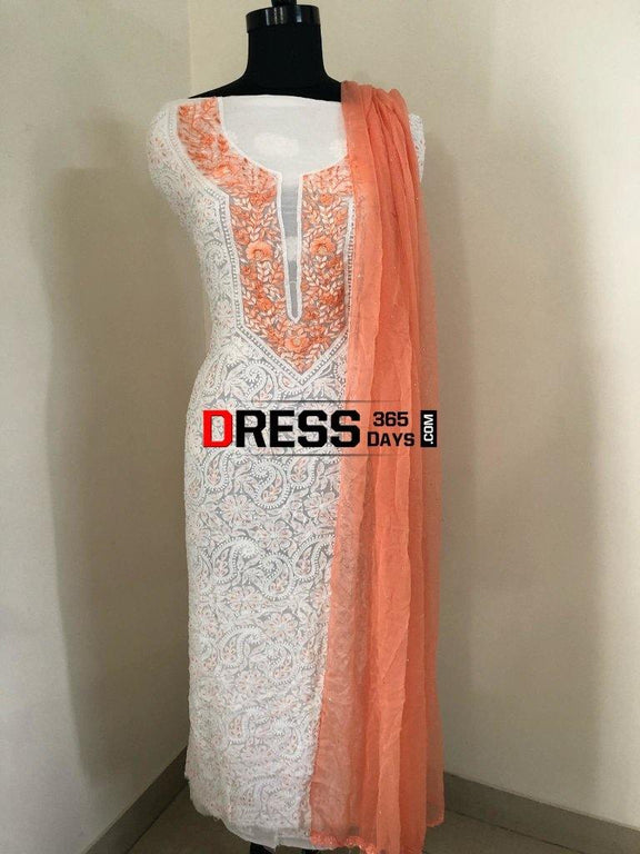 Blush Peach Georgette Chikankari Pant Style Suit