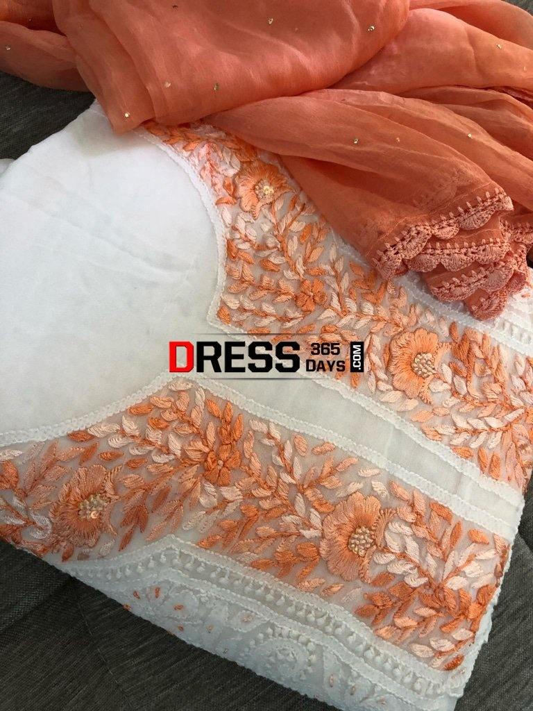 White Peach Parsi Gara Chikankari Suit Suits
