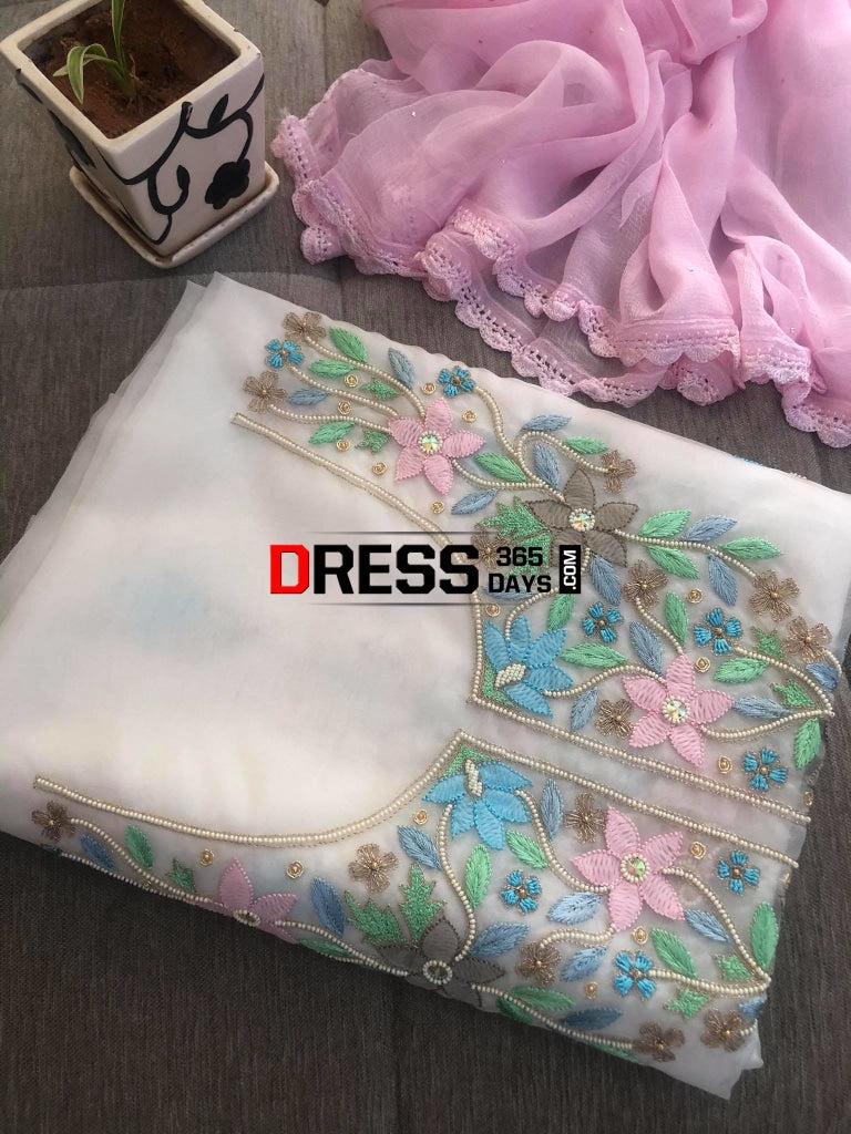 White Pearls Multicolour Chikankari Suit Suits