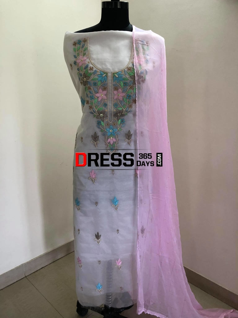 White Pearls Multicolour Chikankari Suit Suits