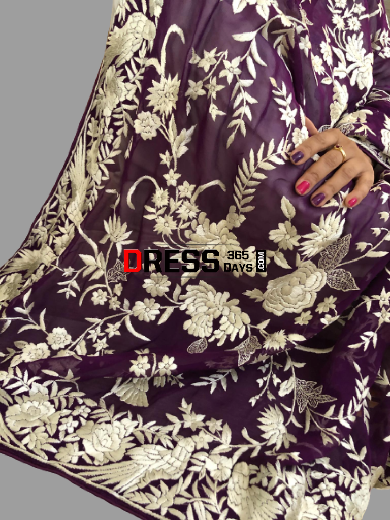 Wine And Ivory Hand Embroidered Parsi Gara Dupatta