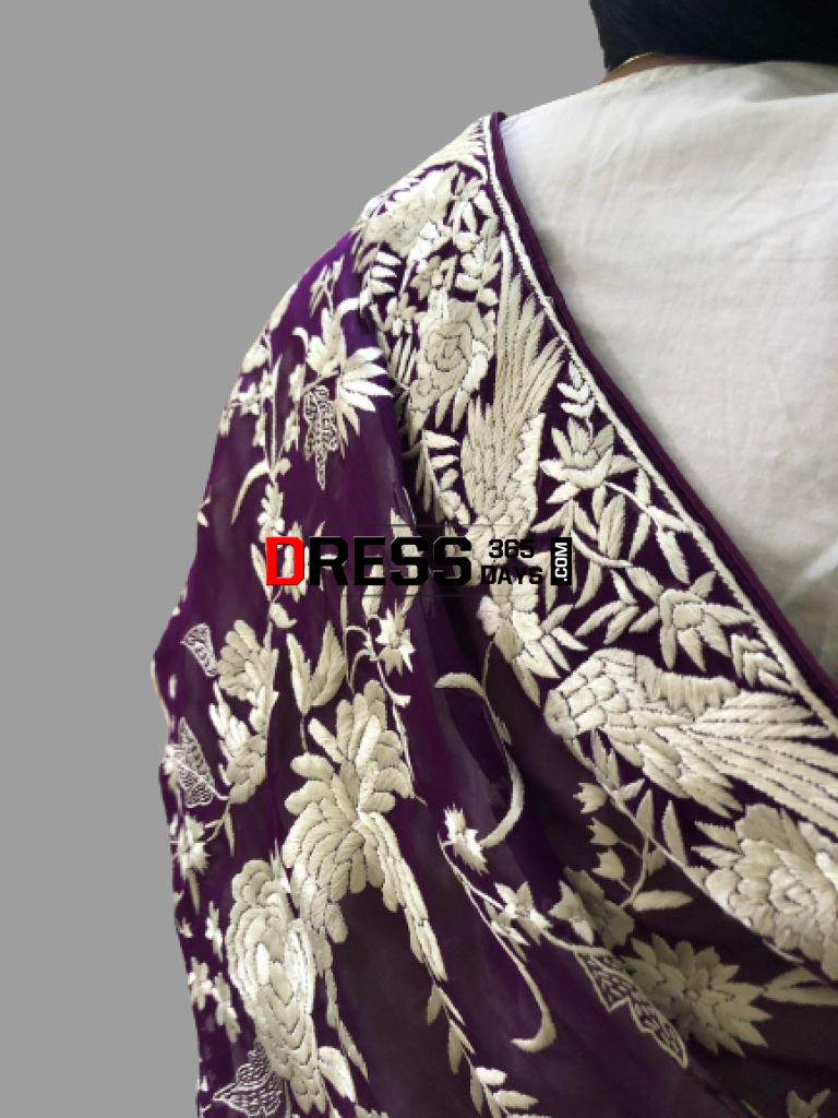Wine And Ivory Hand Embroidered Parsi Gara Dupatta