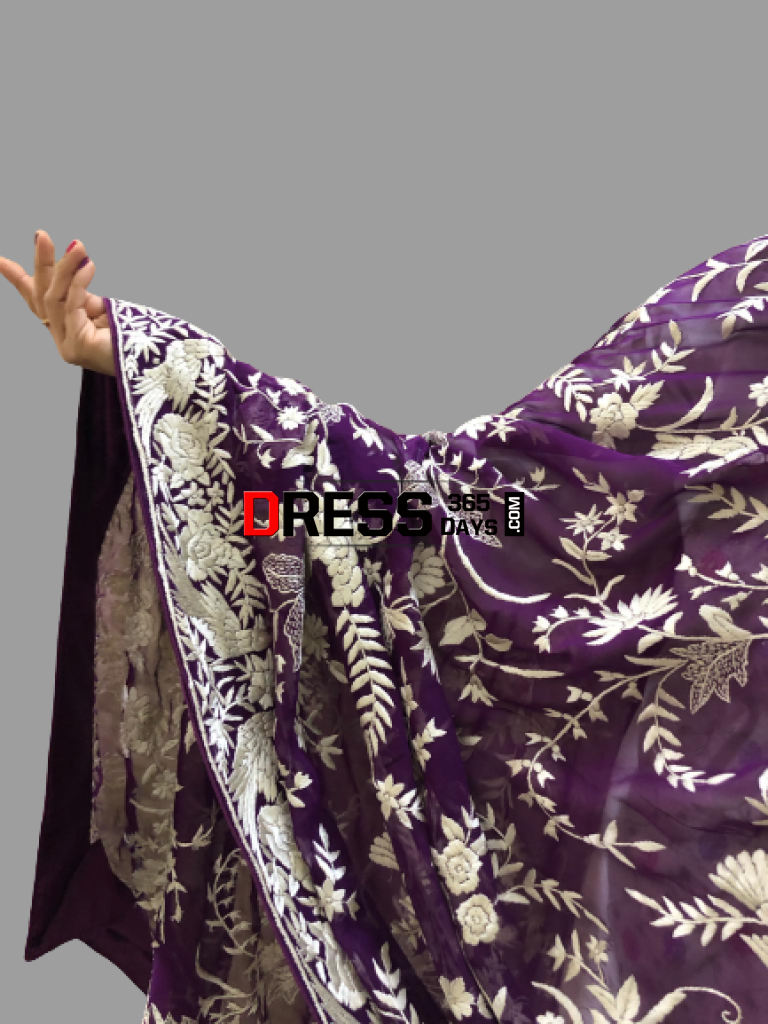 Wine And Ivory Hand Embroidered Parsi Gara Dupatta
