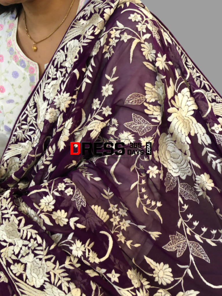 Wine And Ivory Hand Embroidered Parsi Gara Dupatta